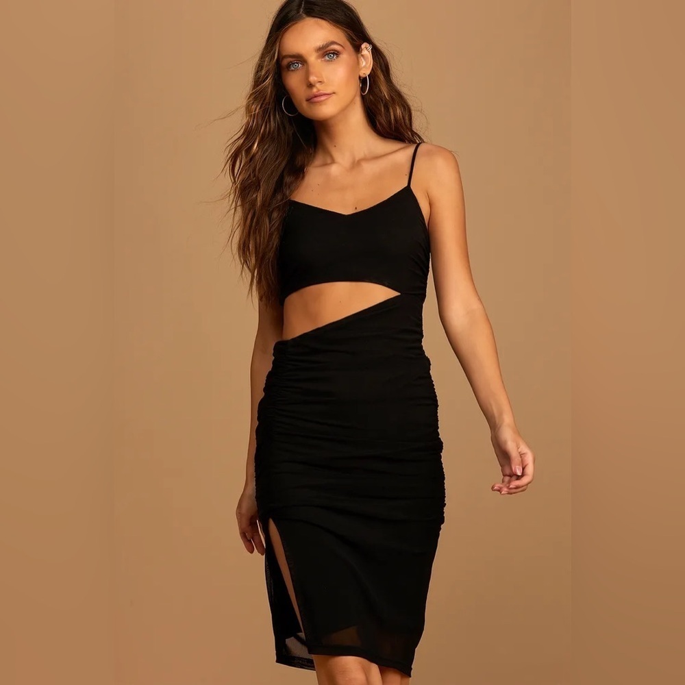 Lulus Cutting Loose Black Ruched Cutout Bodycon Dress Black Leg Slit M - Picture 2 of 12